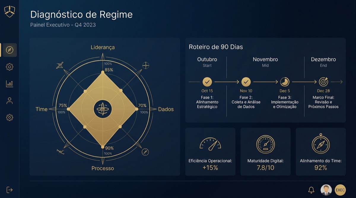 Painel do Diagnóstico de Regime: radar de potencial por área e roadmap de 90 dias